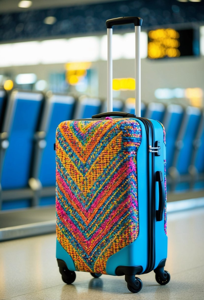 A suitcase adorned with a vibrant, personalized cover stands out on a luggage carousel, adding a touch of style to the traveler's journey