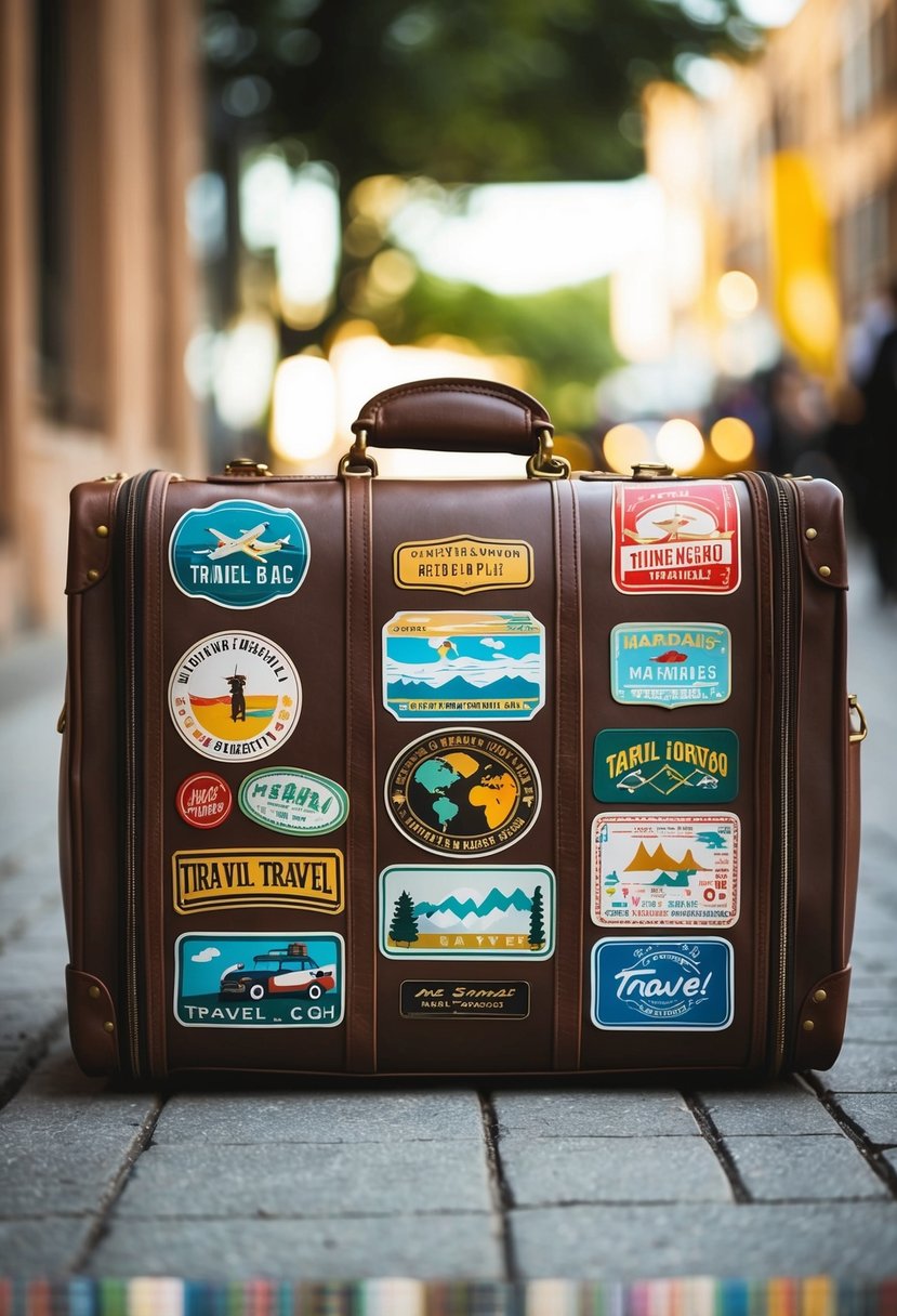 A vintage-style travel bag adorned with colorful travel-themed stickers