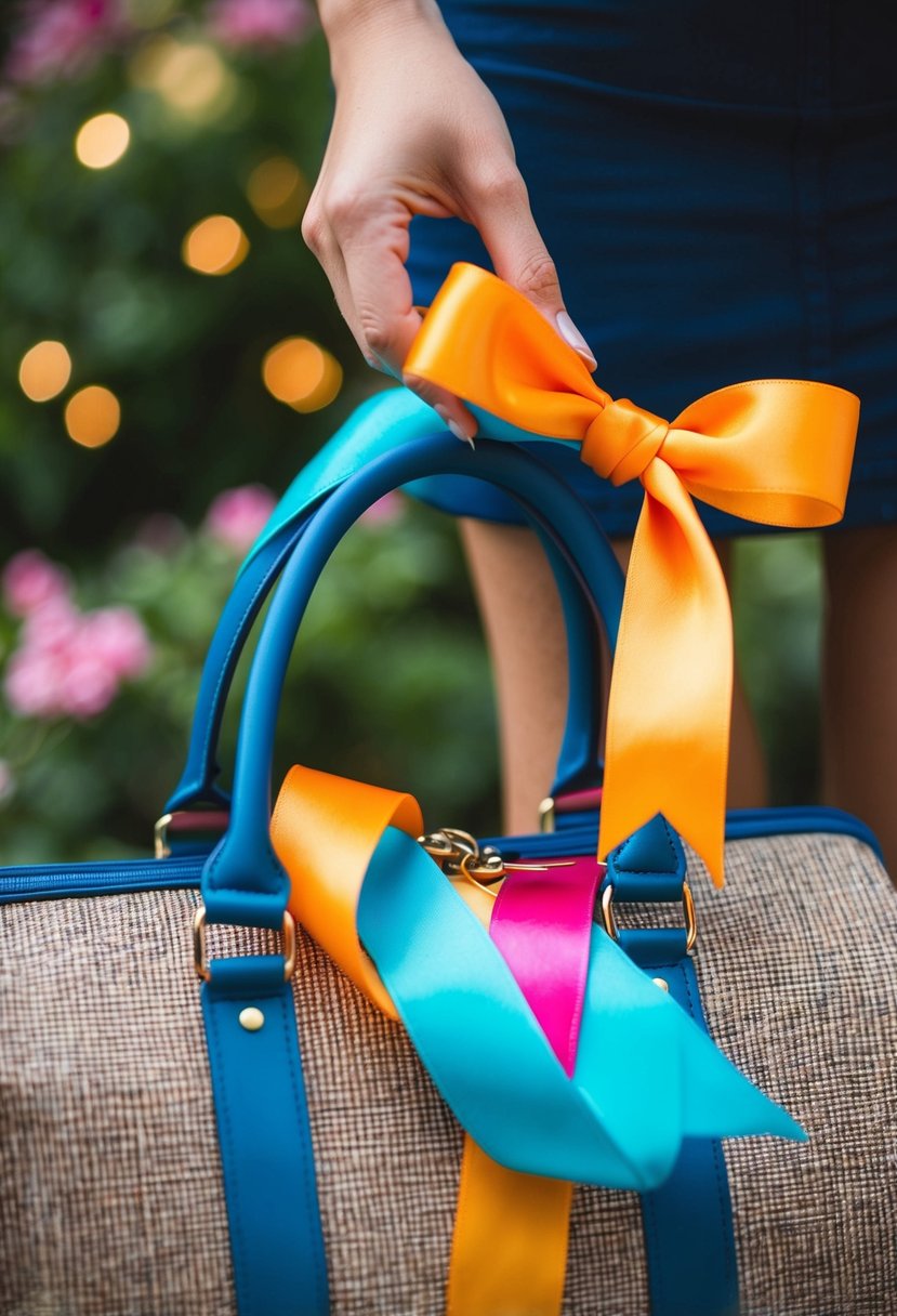 A bright ribbon is tied to the handle of a traveling bag, adding a unique and decorative touch