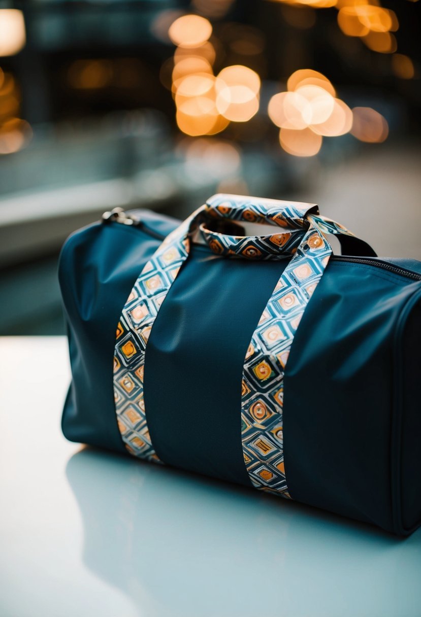A traveling bag with a wrapped handle in patterned duct tape for durability and decoration