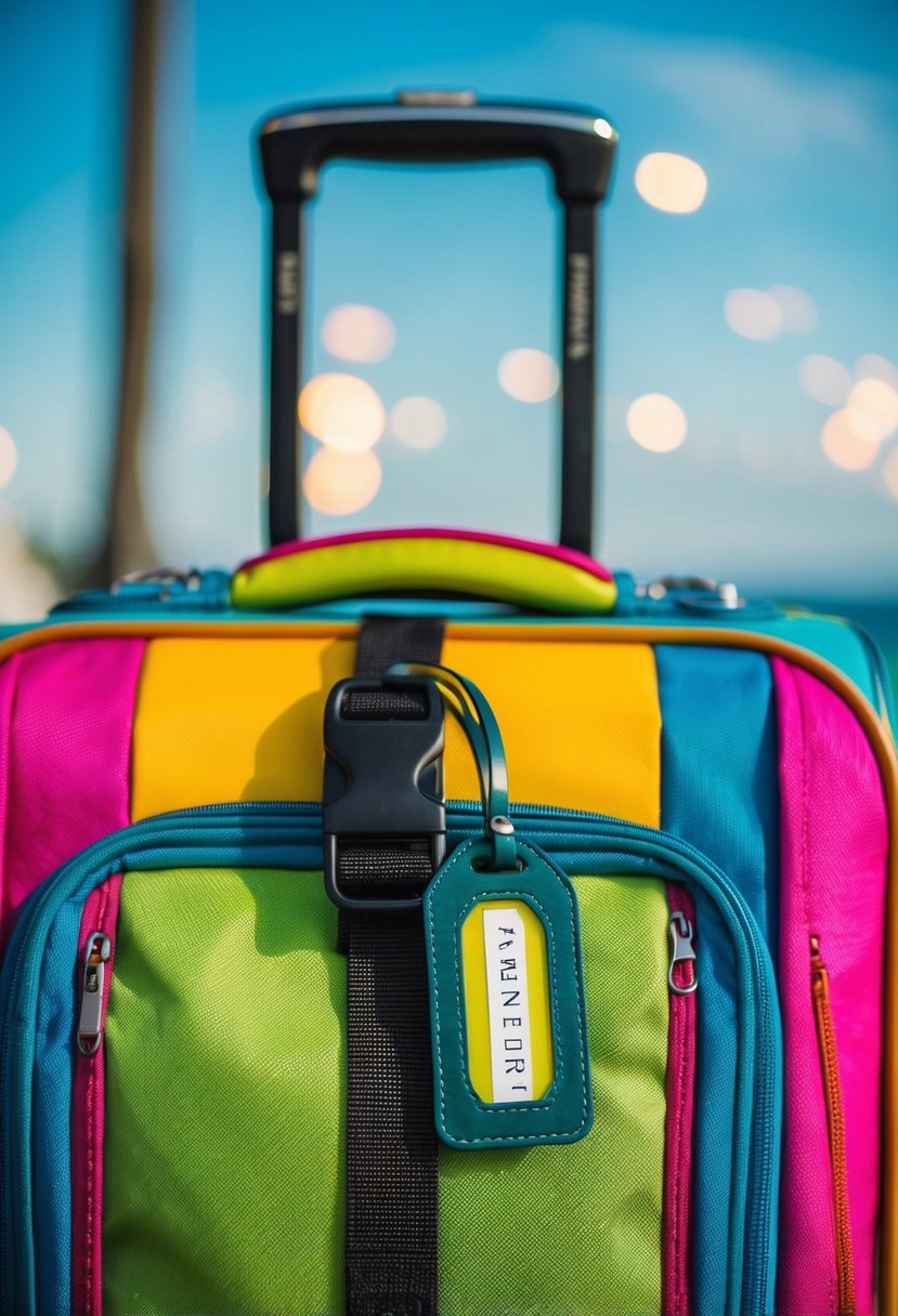 A luggage belt with a custom name tag attached to a vibrant traveling bag, ready for adventure