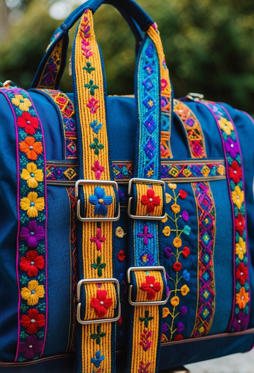Colorful embroidery adorns bag straps, depicting flowers and geometric patterns. The traveling bag is embellished with intricate decoration