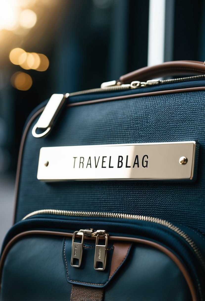 A sleek, metallic nameplate is affixed to the front of a stylish travel bag, adding a touch of security and sophistication