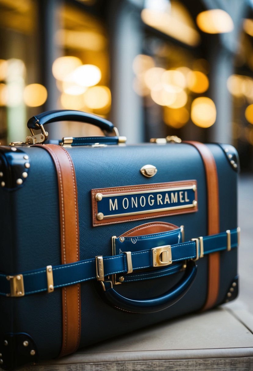 Monogrammed luggage labels adorn a vintage traveling bag, adding a touch of sophistication and personalization