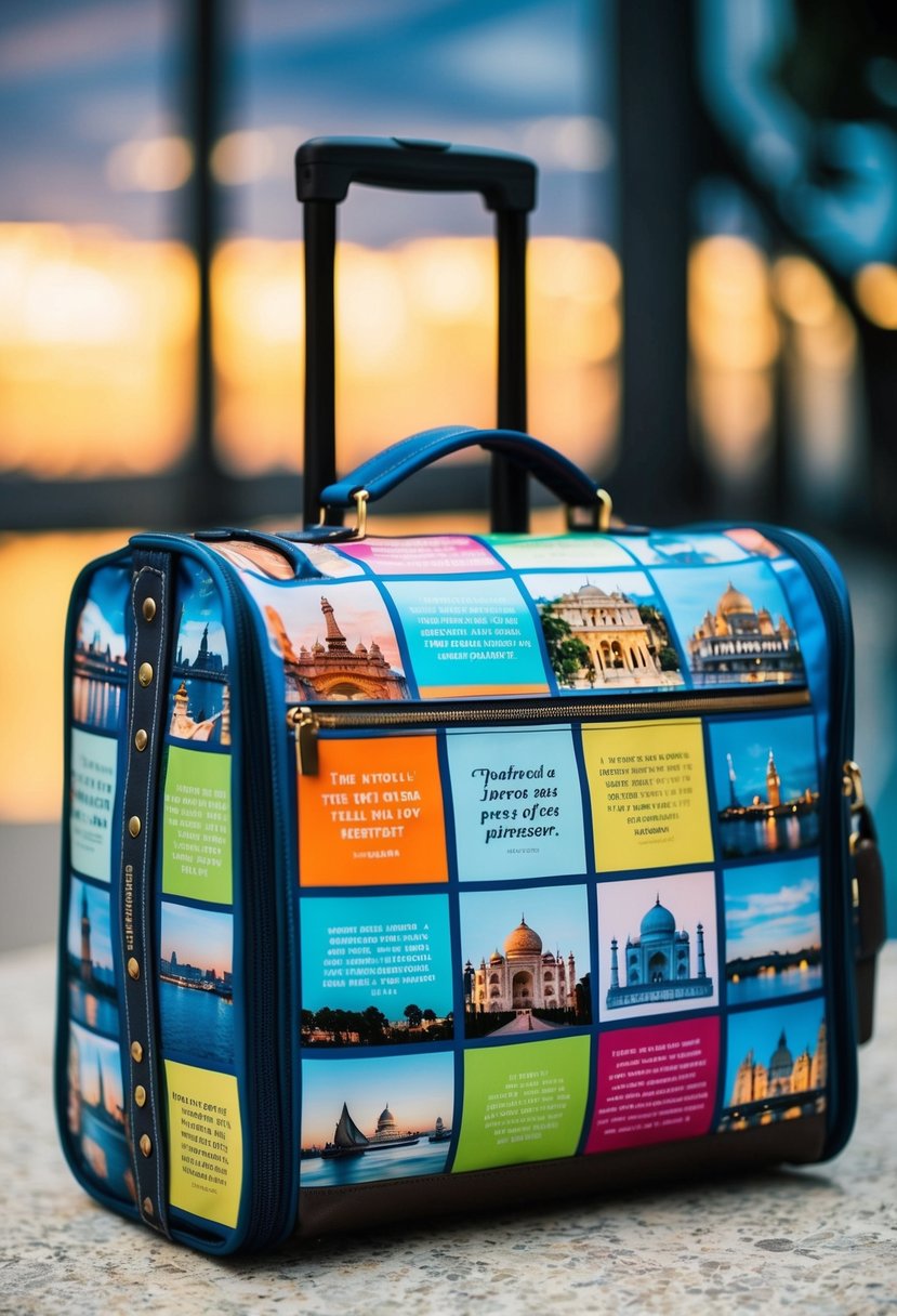 A travel bag adorned with colorful, inspiring quotes and images of famous landmarks