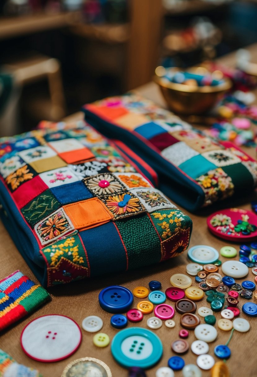 A colorful array of fabric patches, buttons, and embroidery threads spread out on a table, ready to be sewn onto a traveling bag