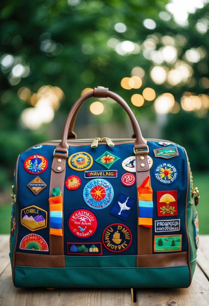A traveling bag adorned with colorful patches, embroidery, and ribbons, showcasing creative decoration techniques