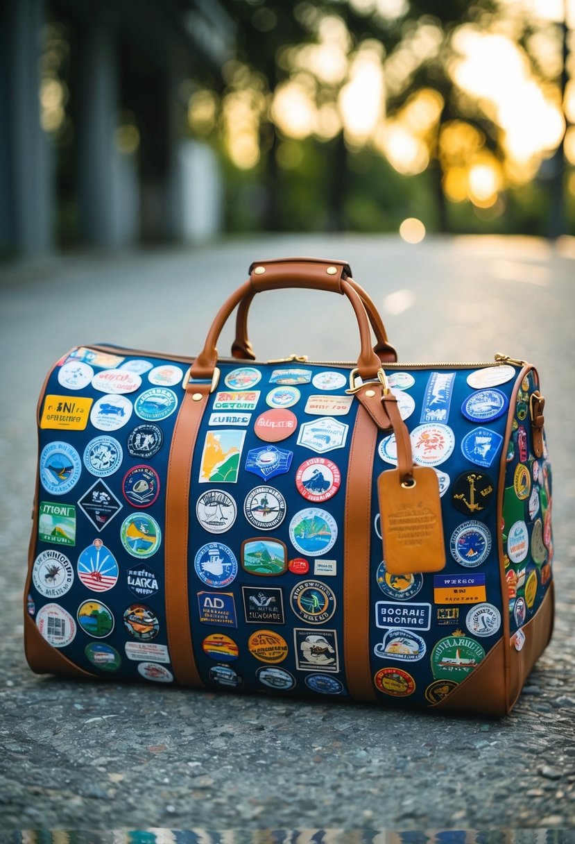 A colorful travel bag covered in stickers and patches from various destinations, with a luggage tag dangling from the handle