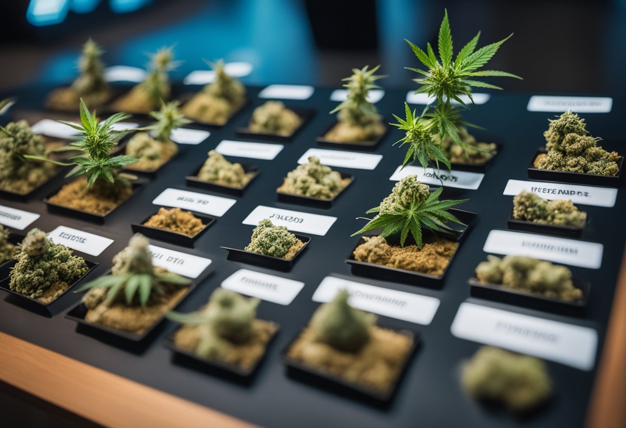 A table displaying five different hybrid cannabis strains, each labeled with their unique names and characteristics