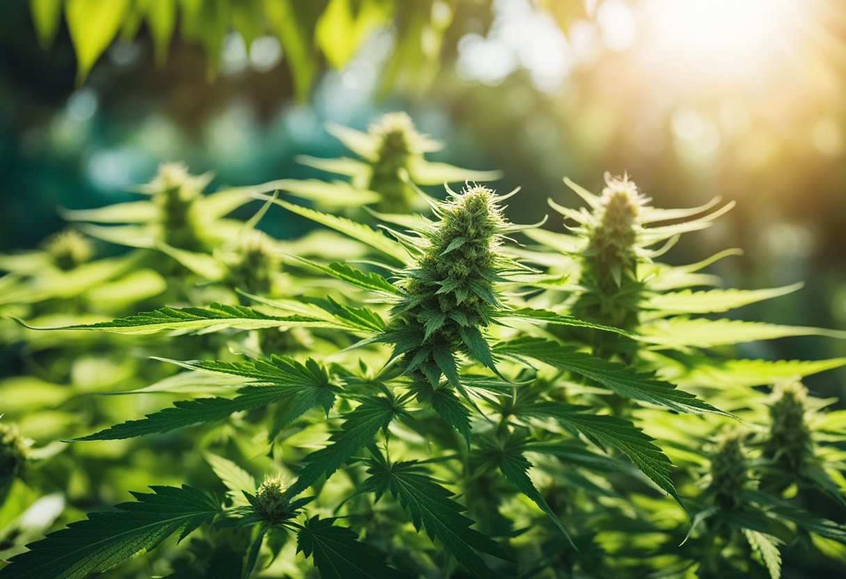 A lush, vibrant garden showcasing five unique hybrid cannabis strains, each plant displaying a combination of characteristics from different parent strains
