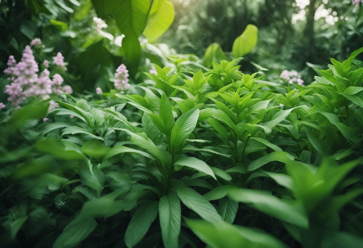 A lush garden with various plants intertwining, showcasing the unique characteristics of hybrid strains