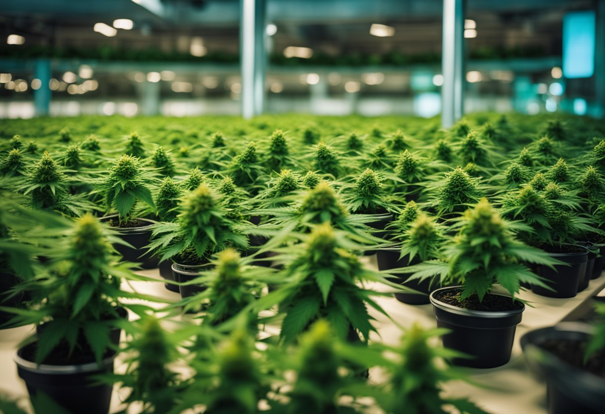 A colorful array of hybrid cannabis plants, each with unique characteristics, are displayed on a sleek, modern backdrop