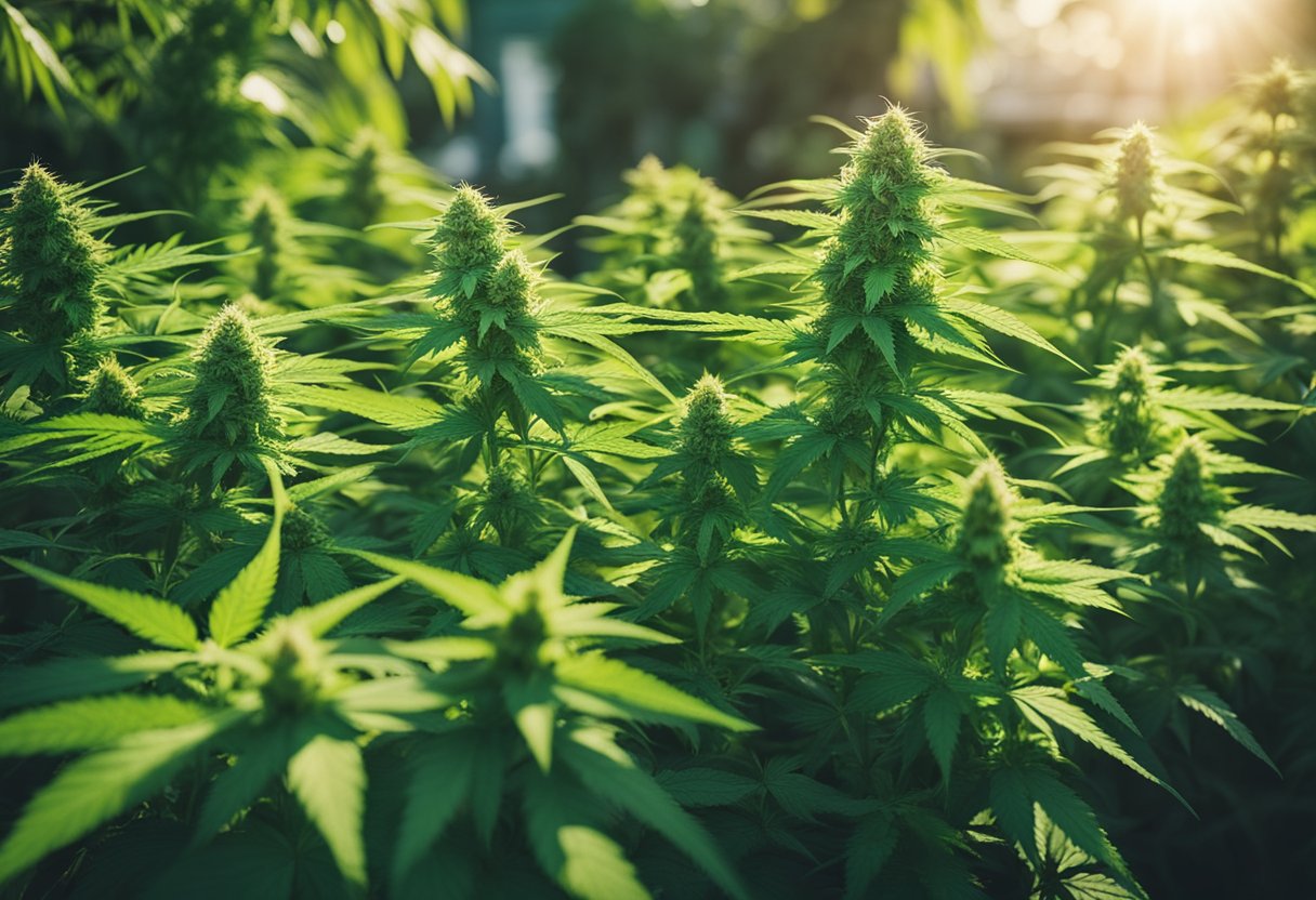 A lush garden with five distinct cannabis plants, each displaying unique characteristics of hybrid strains. Sunlight filters through the leaves, highlighting the vibrant colors and varied textures of the plants