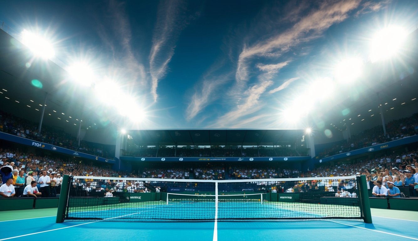 Sebuah lapangan tenis dengan jaring, dikelilingi oleh penonton dan diterangi oleh lampu stadion yang terang