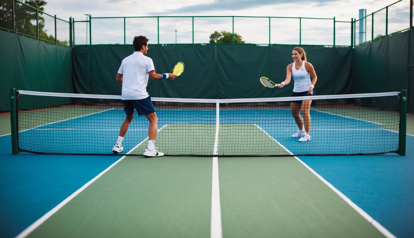 Sebuah lapangan tenis dengan net dan dua pemain di sisi yang berlawanan, siap untuk memukul servis