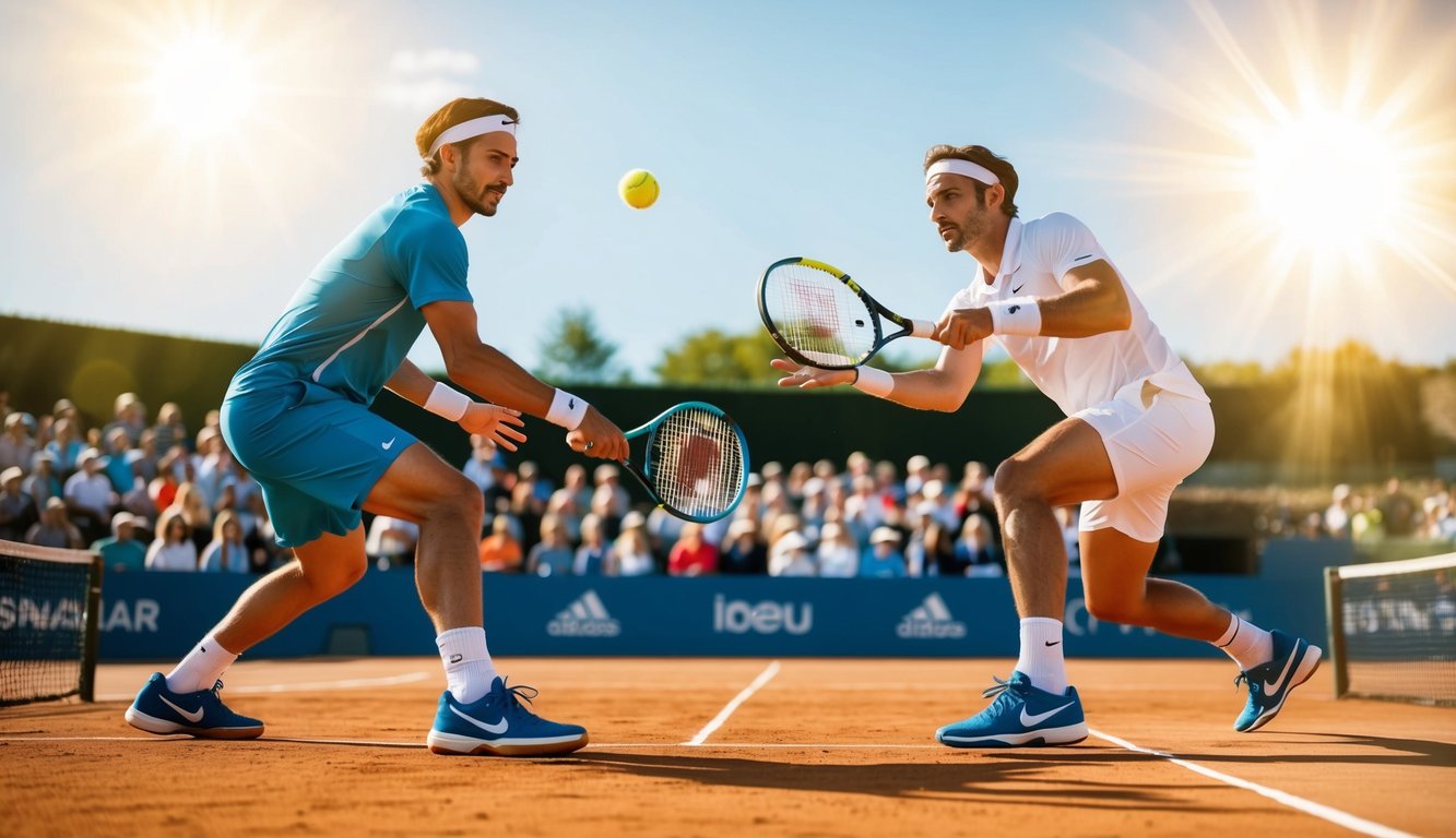 Dua pemain tenis yang berkompetisi di lapangan tanah liat, melakukan servis dan mengembalikan pukulan kuat di bawah sinar matahari yang cerah dengan kerumunan penonton di latar belakang