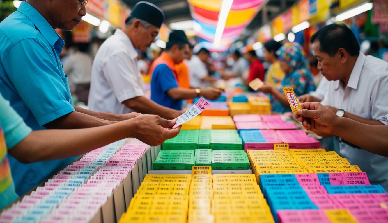 Ilustrasi yang berwarna-warni dan hidup dari suasana pasar tradisional Indonesia dengan orang-orang yang membeli dan menjual tiket lotere