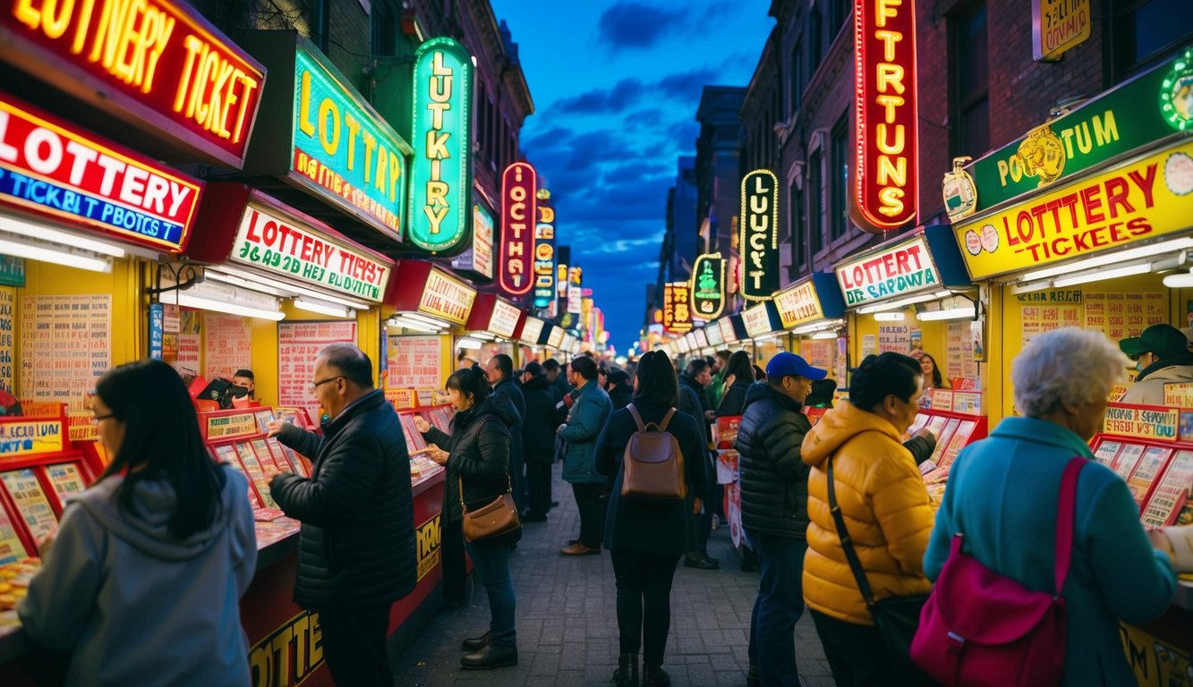 Sebuah jalan yang ramai dipenuhi dengan penjual tiket lotere berwarna-warni dan pelanggan yang antusias. Lampu neon berkedip dengan janji keberuntungan dan nasib baik.