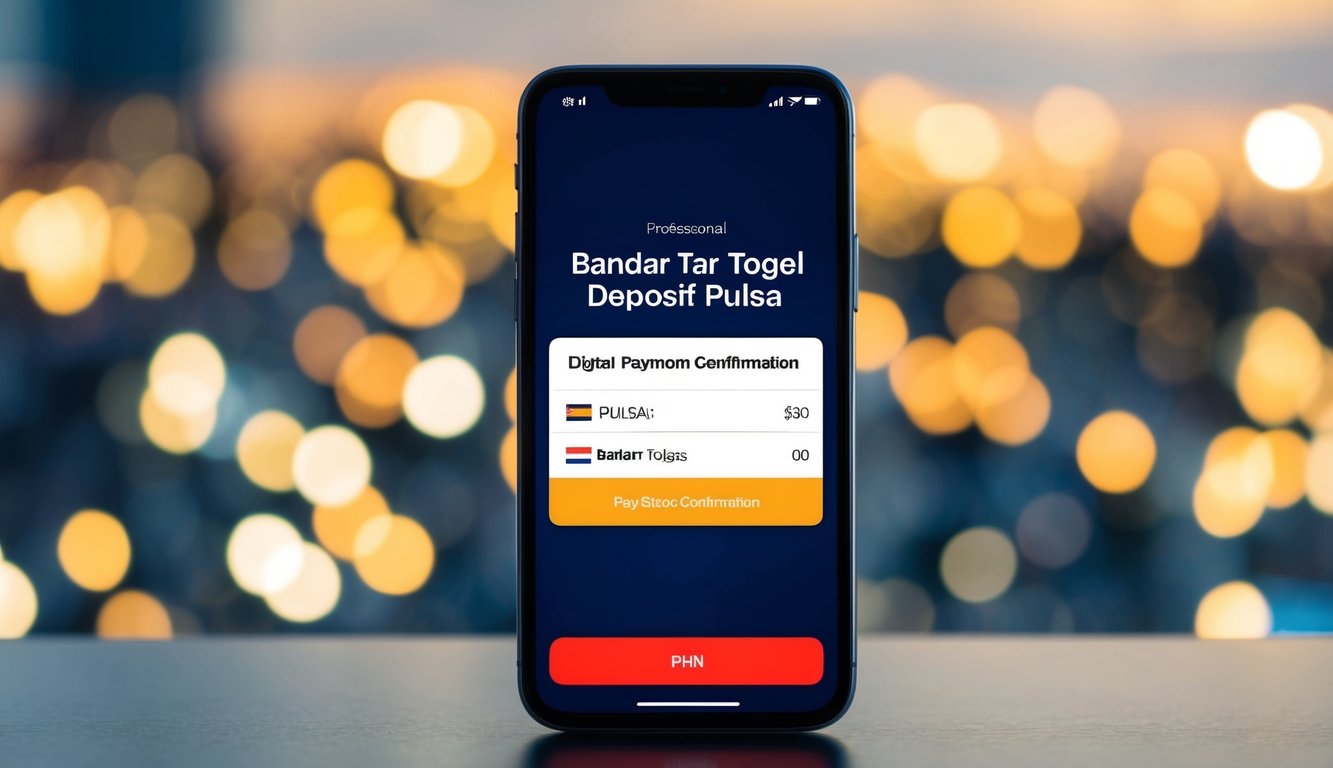 Sebuah smartphone dengan layar yang bersinar menampilkan konfirmasi pembayaran digital untuk Bandar Togel Deposit Pulsa