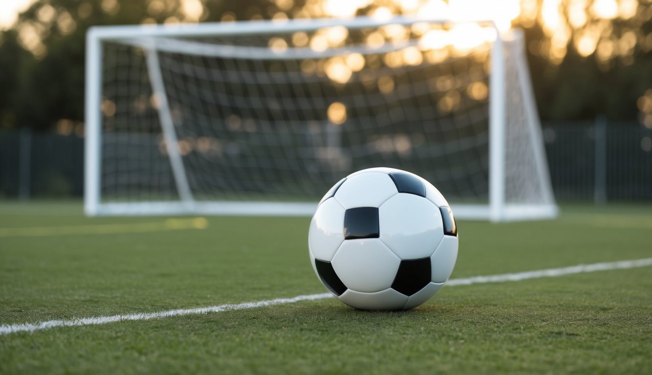 Sebuah bola sepak diletakkan di lapangan dengan tiang gawang di latar belakang