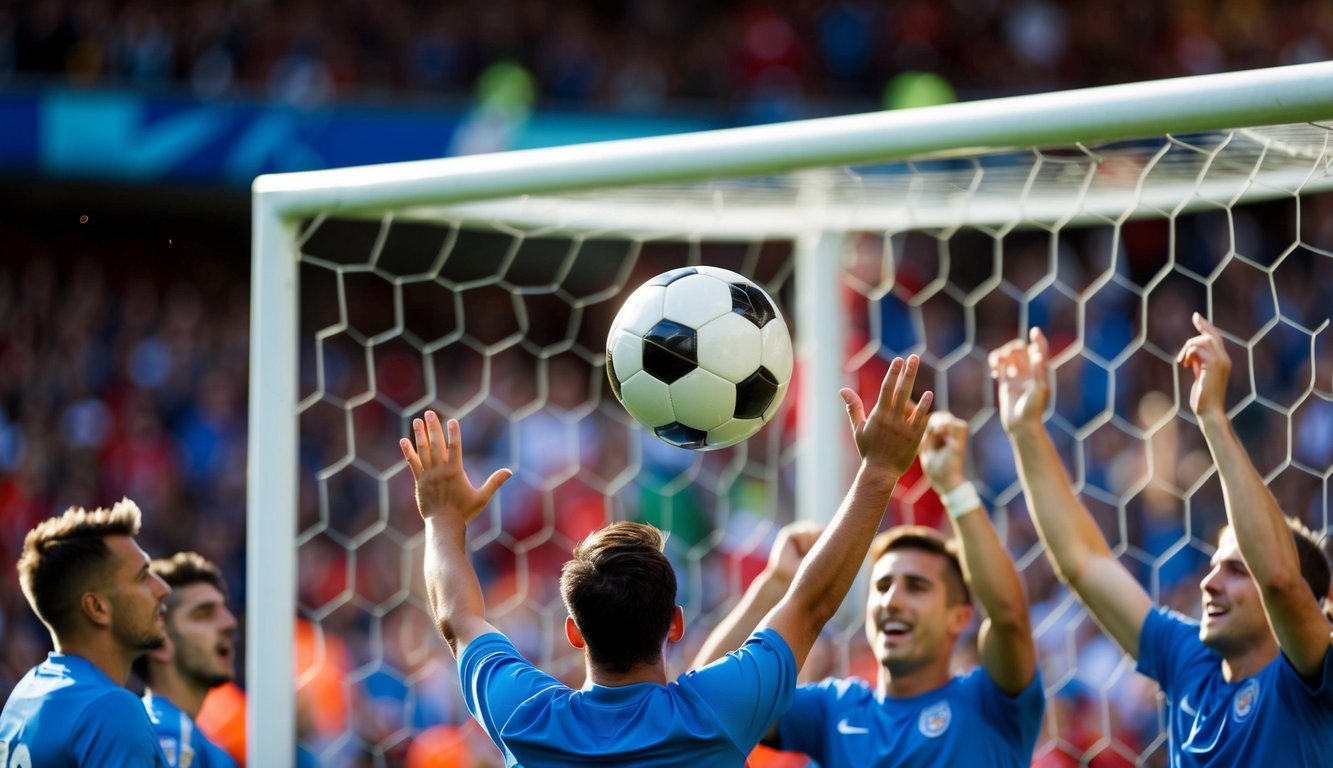 Sebuah bola sepak terbang ke gawang, dikelilingi oleh penggemar yang bersorak