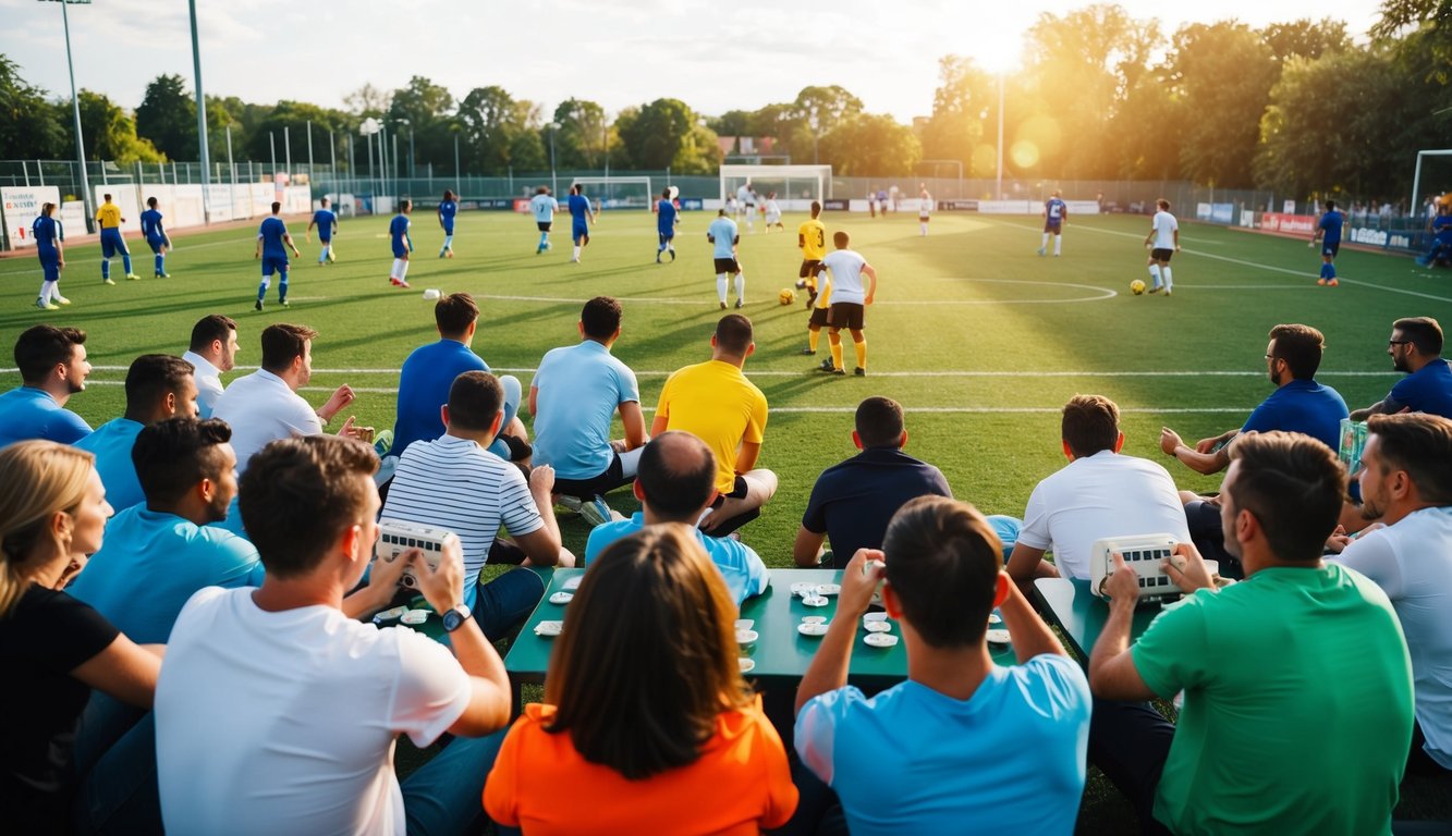 Sekelompok orang berkumpul di sekitar lapangan sepak bola, memasang taruhan dan menonton pertandingan di sore yang cerah.