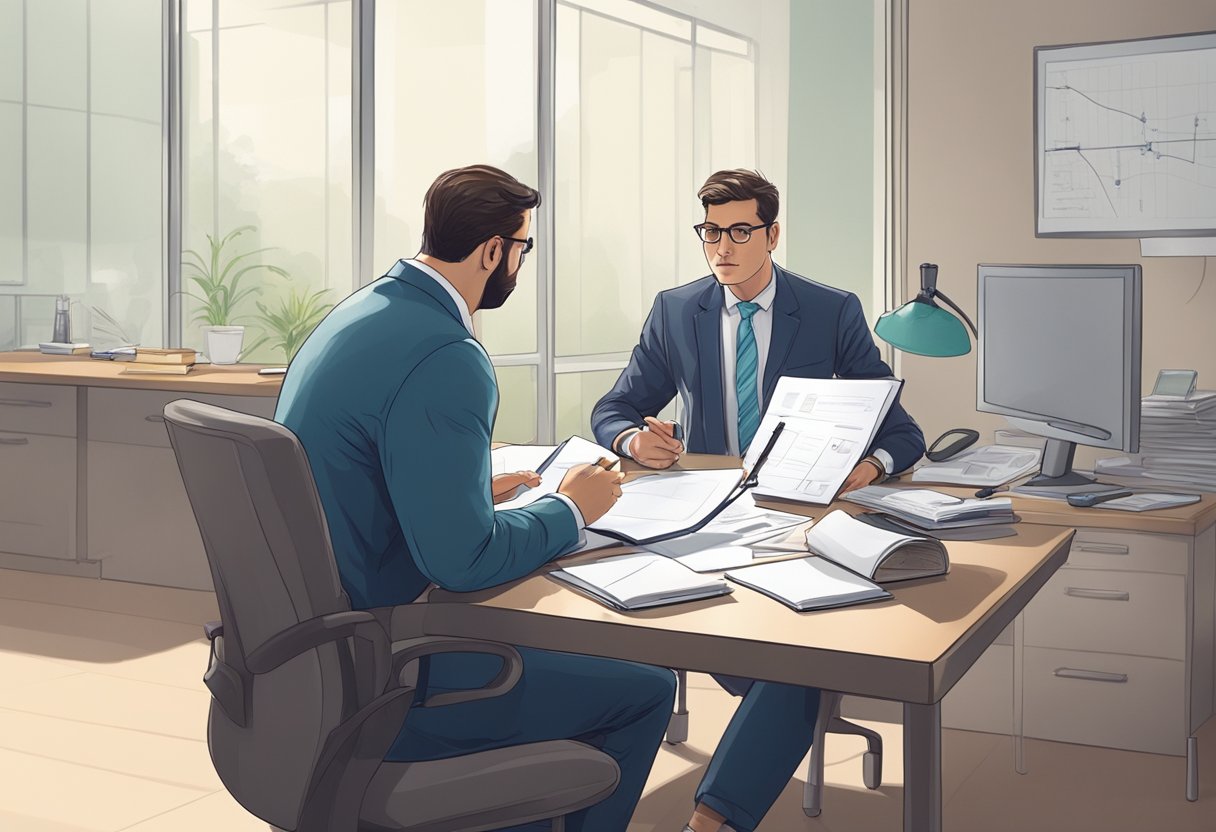 A lawyer consulting with a client in a hospital room. X-rays and medical charts on the table. The lawyer is taking notes and discussing the case with the client