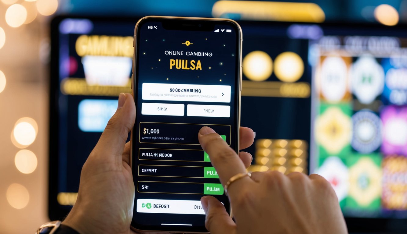 Sebuah smartphone dengan layar yang menyala menampilkan situs web perjudian online, dengan tangan yang memegang ponsel siap untuk melakukan setoran menggunakan pulsa