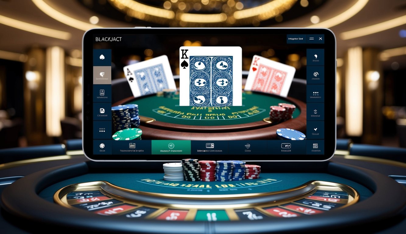 Sebuah meja blackjack digital dengan kartu dan chip virtual, dikelilingi oleh antarmuka yang ramping dan modern, dengan latar belakang kasino mewah.