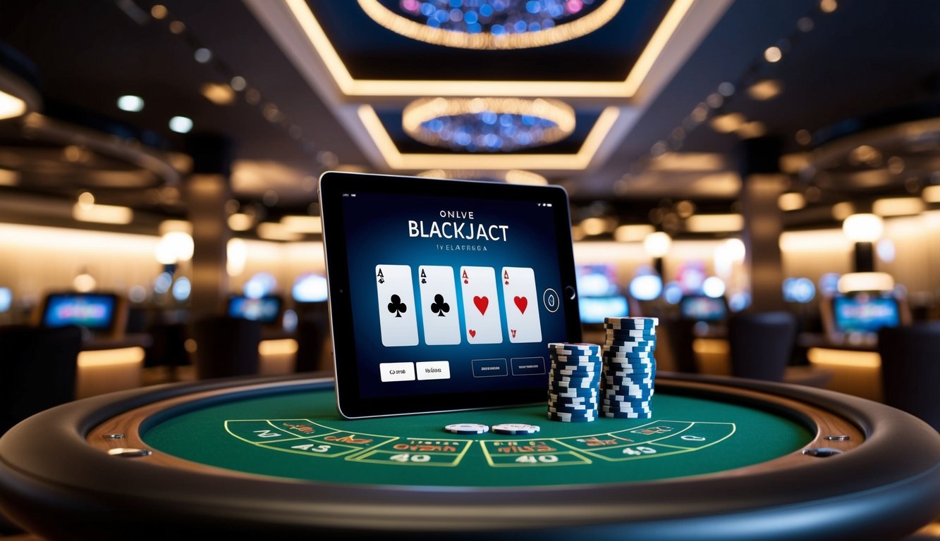 Sebuah meja blackjack online yang ramping dan modern dengan kartu dan chip virtual, diatur di latar belakang lingkungan kasino yang bergaya dan canggih