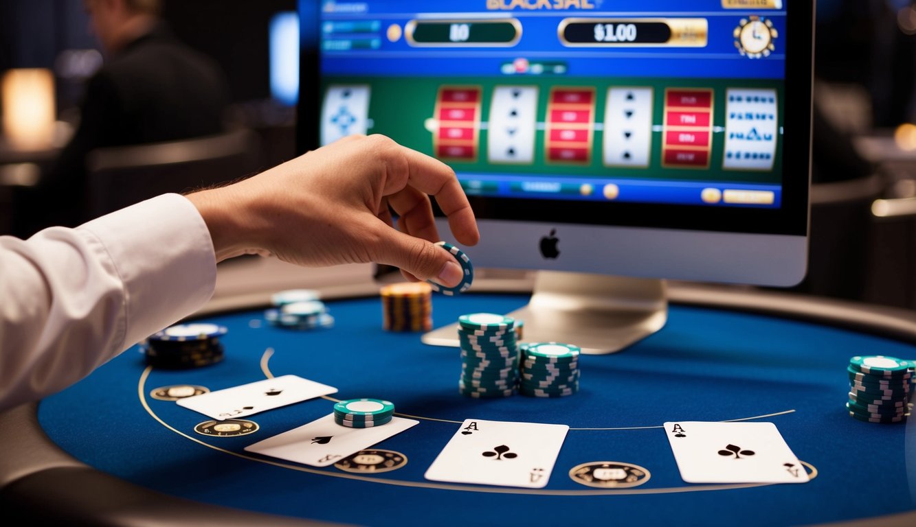 Sebuah meja digital dengan kartu dan chip, layar komputer yang menampilkan antarmuka permainan blackjack, dan tangan seorang pemain yang sedang membuat keputusan