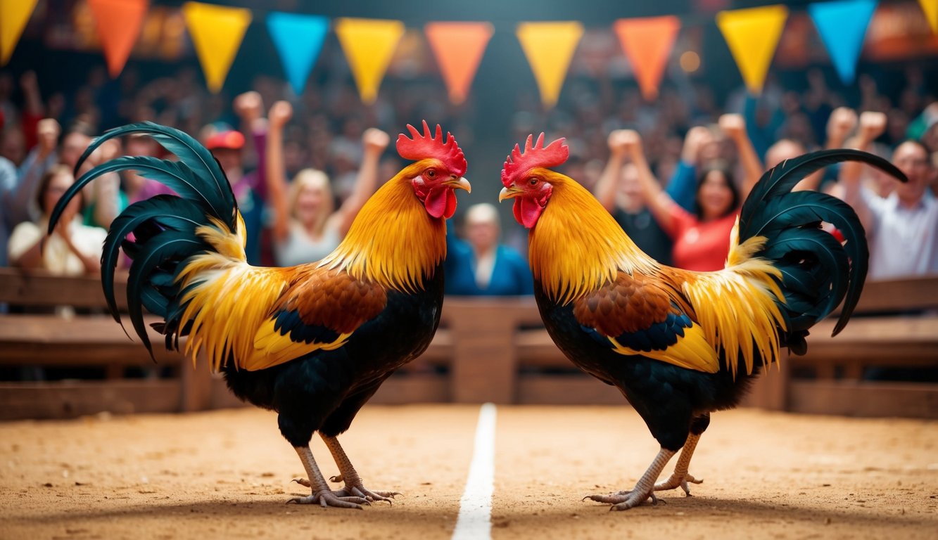 Dua ayam jantan berhadapan di arena virtual, dikelilingi oleh penonton yang bersorak dan spanduk berwarna-warni