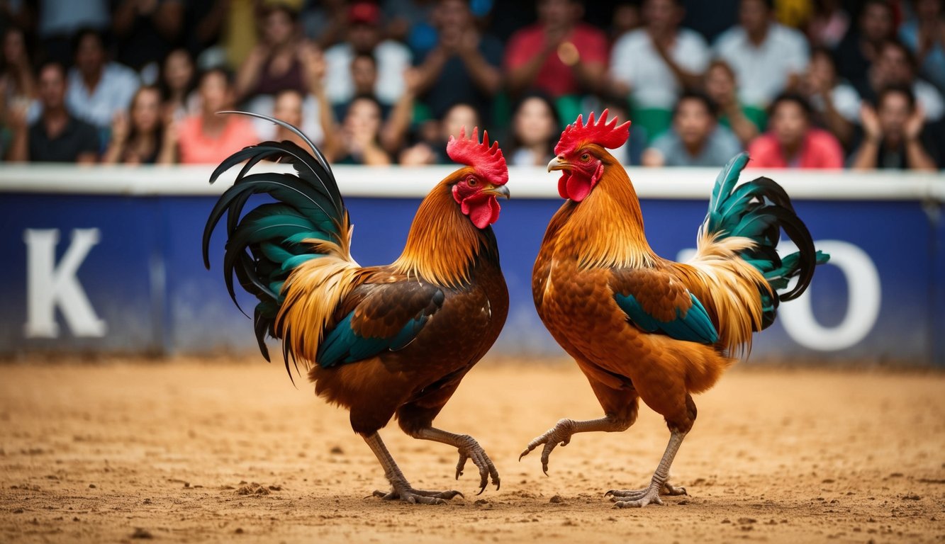 Sebuah arena sabung ayam yang hidup dengan penonton yang bersorak dan dua ayam jantan agresif yang terlibat dalam pertempuran