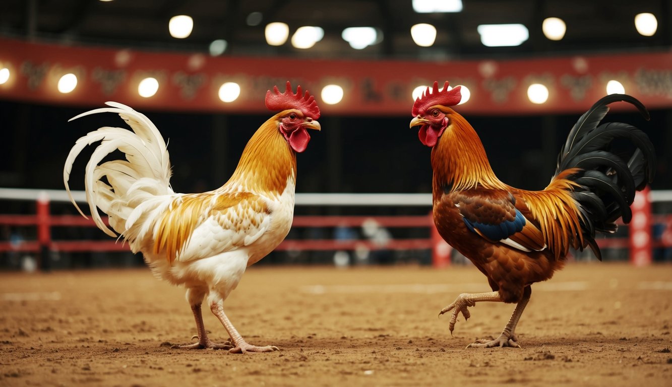 Dua ayam jantan berhadapan di arena sabung ayam tradisional