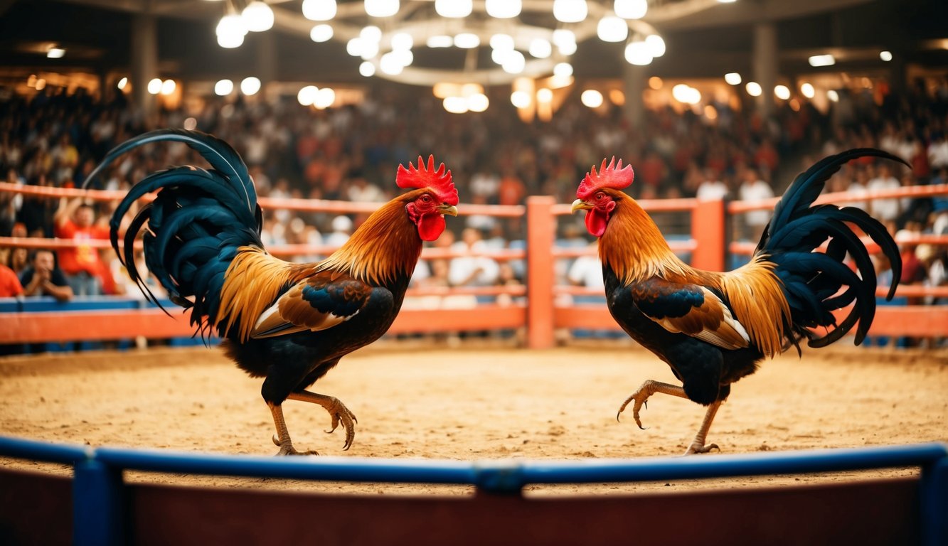 Sebuah arena sabung ayam yang ramai dengan penonton yang bersorak dan dua ayam jantan yang megah berhadapan di tengah ring