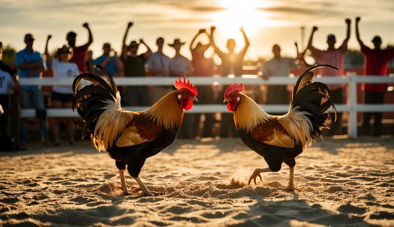 Dua ayam jantan berhadapan di arena berpasir, dikelilingi oleh penonton yang bersorak. Matahari terbenam, memancarkan bayangan panjang di atas pertempuran yang intens.