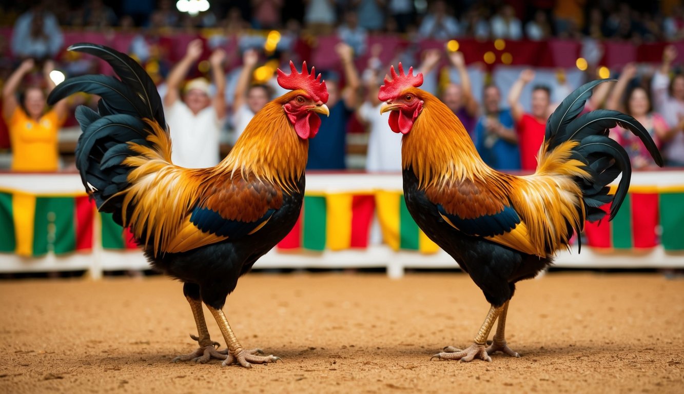 Dua ayam jantan berhadapan di arena tradisional, dikelilingi oleh penonton yang bersorak dan spanduk berwarna-warni