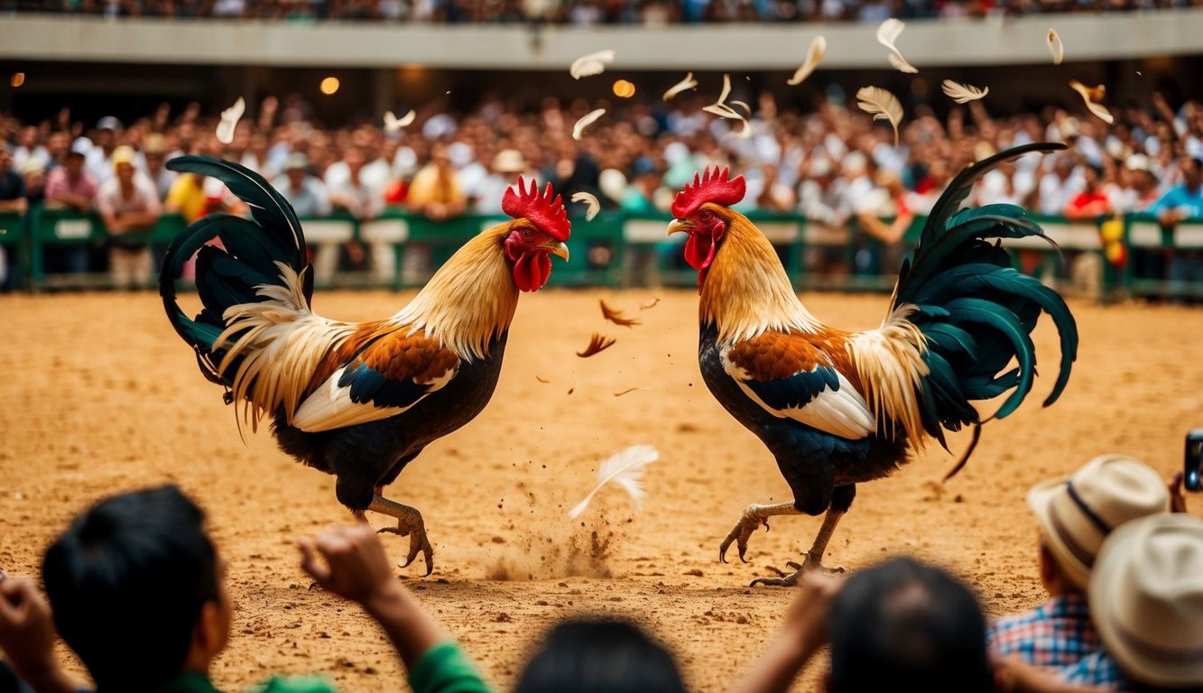 Sebuah arena yang ramai dengan penonton yang bersorak, dua ayam jantan berhadapan dalam pertarungan sengit, bulu-bulu beterbangan saat mereka bertarung dalam sabung ayam langsung.