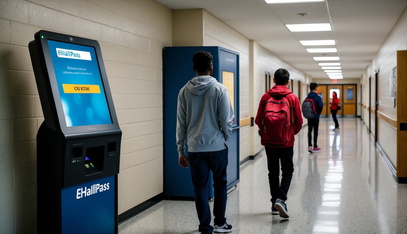 v2 q9bfw llsz9 A school hallway with a kiosk displaying the eHallpass interface, a student approaching to check in, and a teacher monitoring from a distance