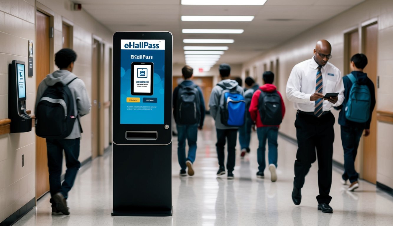 v2 q9bgl bpc7w A school hallway with a kiosk displaying eHallpass in kiosk mode, students passing by, and a staff member using the system