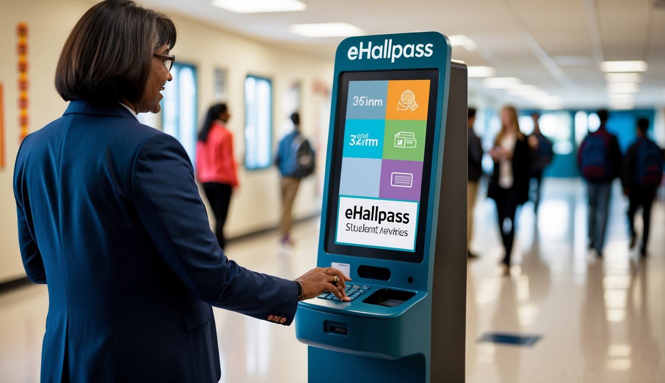 v2 q9bgy ahine A teacher standing at a kiosk in a school hallway, using eHallpass to manage student activities
