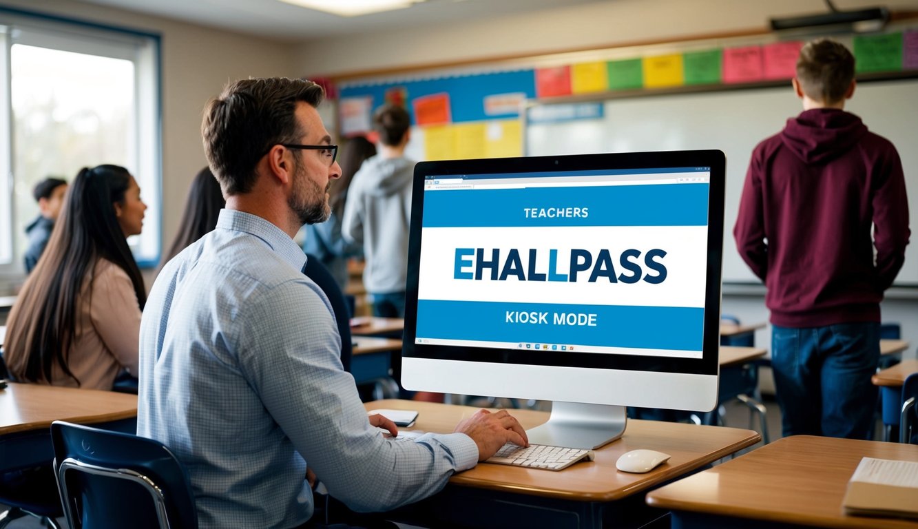 v2 q9bhb A teacher using eHallpass Kiosk Mode on a computer, with students entering and exiting a classroom