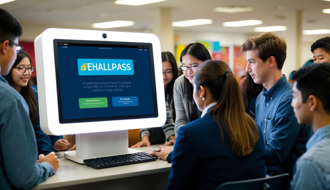 v2 q9bho A kiosk with eHallpass software displayed on the screen, surrounded by students using it effectively