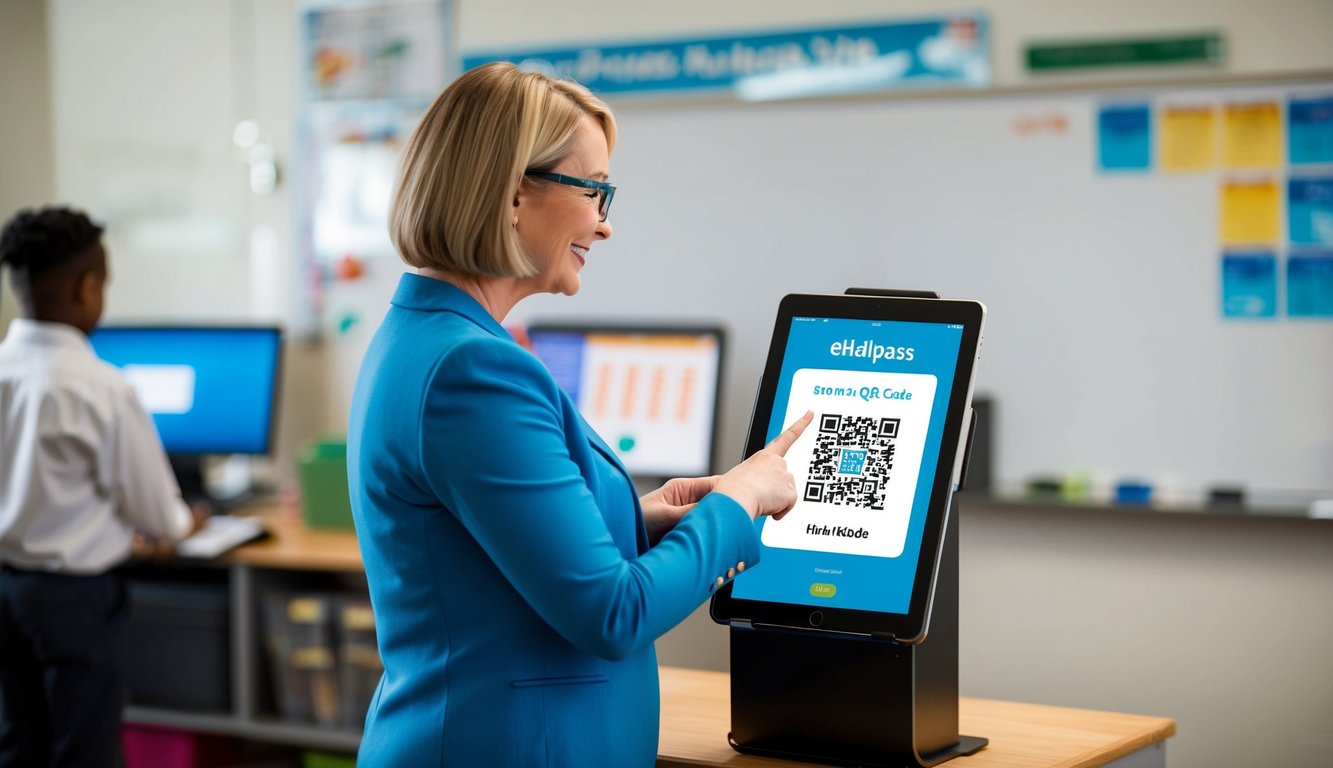 v2 q9bi0 lndtk A teacher standing at a kiosk, scanning a QR code with a tablet to set up eHallpass Kiosk Mode for classroom use