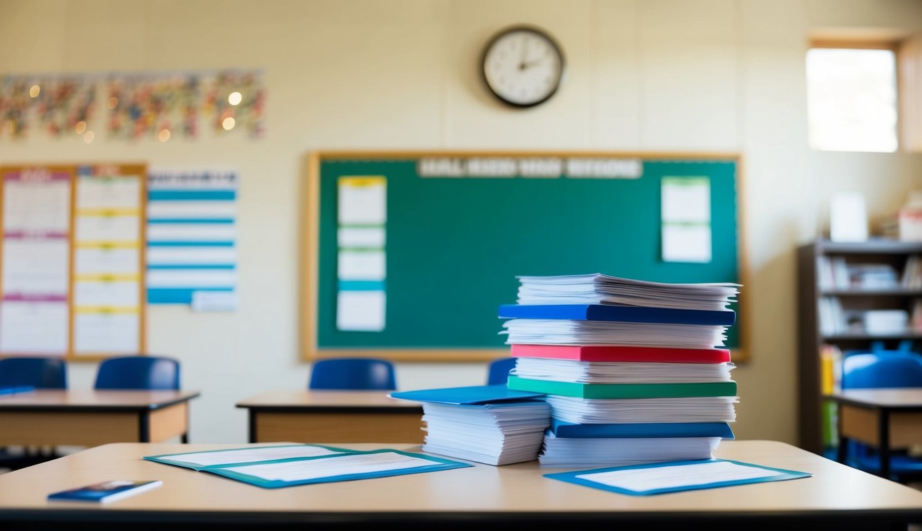 v2 q9bj8 r50qb A teacher's desk with a stack of hall passes, a sign-in sheet, and a clock on the wall