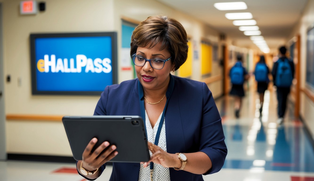 v2 q9bjh ep818 A teacher using eHallpass on a tablet, monitoring students' hall passes and managing hall traffic in a school hallway
