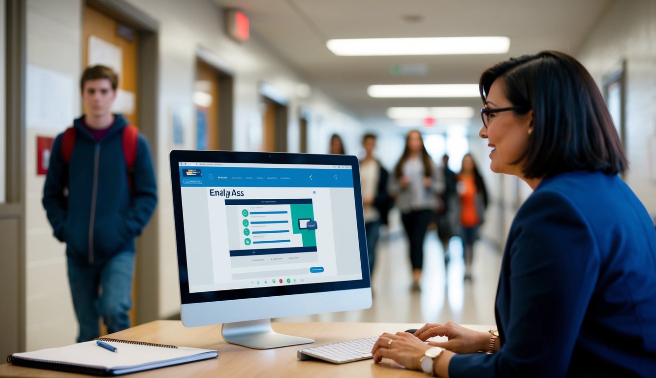 v2 q9bjx 8fool A teacher at a desk, computer screen showing eHallpass interface, hallway in background, students passing by