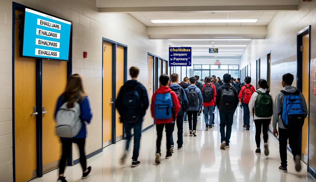 v2 q9bmr oyd2q A school hallway with multiple doors and students passing by. A digital sign displays various eHallpass alternatives