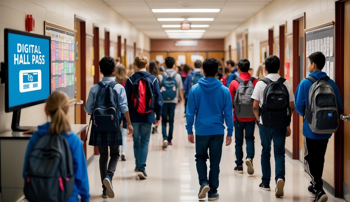 v2 q9bn1 0a8l8 A bustling school hallway with students moving between classes, while a digital hall pass system is displayed on a computer screen in the background