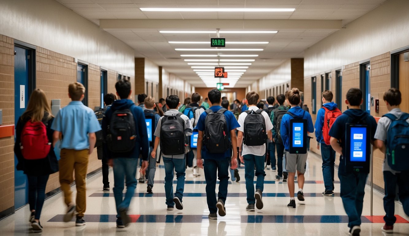 v2 q9bnh 8revh A bustling school hallway with students passing through digital pass systems at various checkpoints